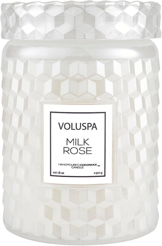 Voluspa Milk Rose, Large Candle Jar, 18 Ounce, 100 Hour Burn Time, Coconut Wax for Clean Burning, Handcrafted in The USA