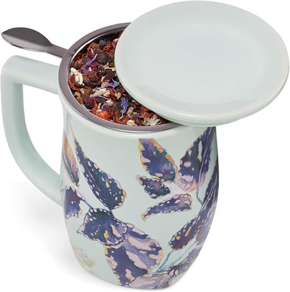 Tea Forte Ceramic Fiore Cup with Handle, Removeable Stainless Steel Infuser Basket and Lid, Steeps 14 oz Loose Leaf Tea, Dishwasher & Microwave Safe, Demoiselle