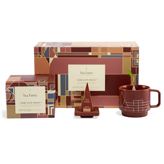 Tea Forte Frank Lloyd Wright 3-Piece Tea Gift Set with Sienna Stoneware Cup with Tea Tray and 10 Count Mini Presentation Box, 2 of Each Blend Handcrafted Pyramid Infuser Tea Bags