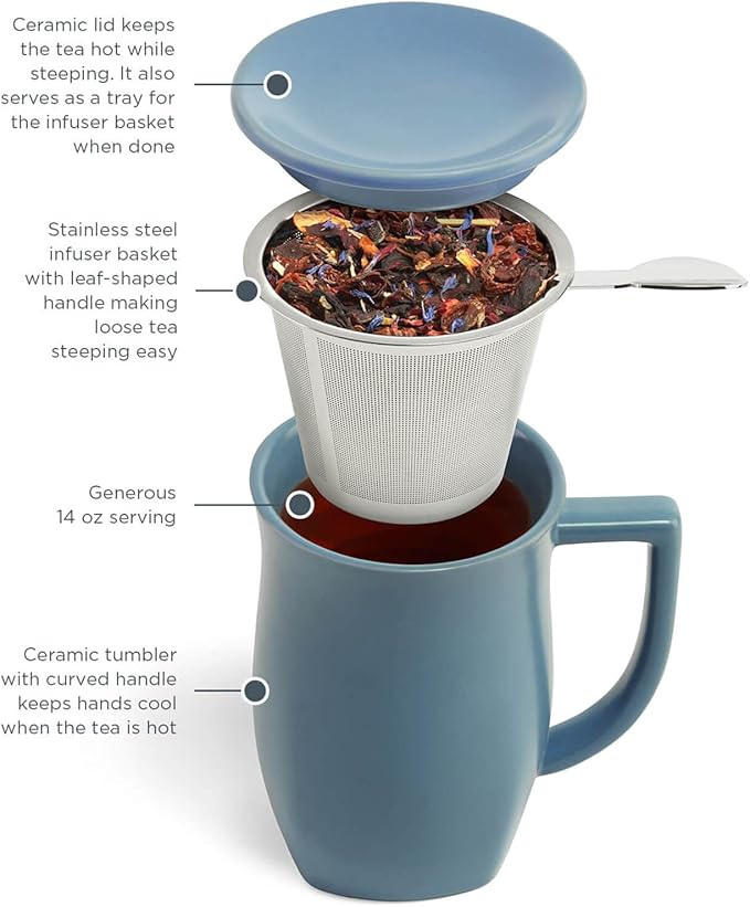 Tea Forte Ceramic Fiore Cup with Handle, Removeable Stainless Steel Infuser Basket and Lid, Steeps 14 oz Loose Leaf Tea, Dishwasher & Microwave Safe, Stone Blue
