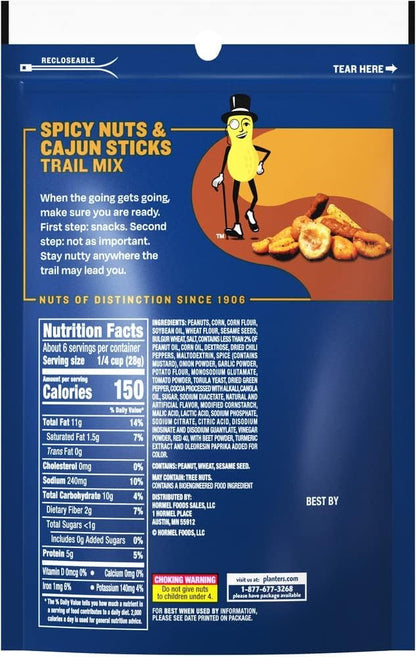 PLANTERS Spicy Nuts & Cajun Sticks Trail Mix- Mixed Nuts Trail Mix Snack Packs, 6 oz Bags (Pack of 12)