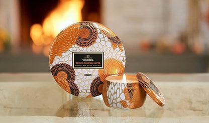 Voluspa Spiced Pumpkin Latte, 3 Wick Tin Candle, 12 Ounce, 40 Hour Burn Time, Coconut Wax for Clean Burning, Handcrafted in The USA