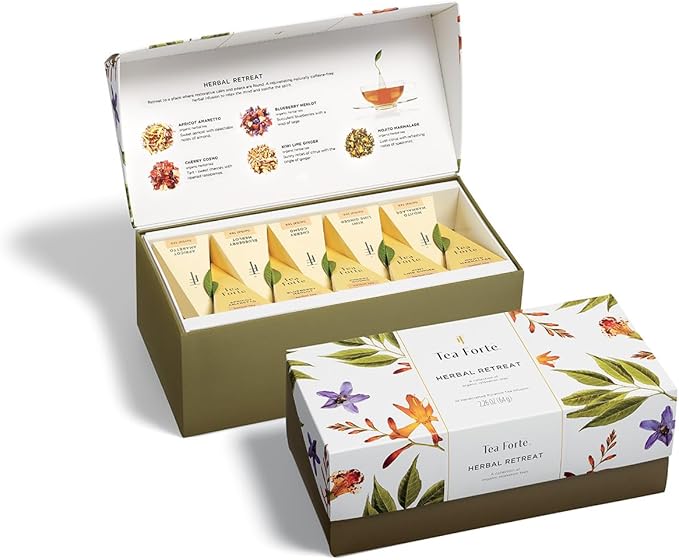 Tea Forte Presentation Box Tea Sampler Gift Set, 20 Assorted Variety Handcrafted Pyramid Tea Infuser Bags (Herbal Retreat)