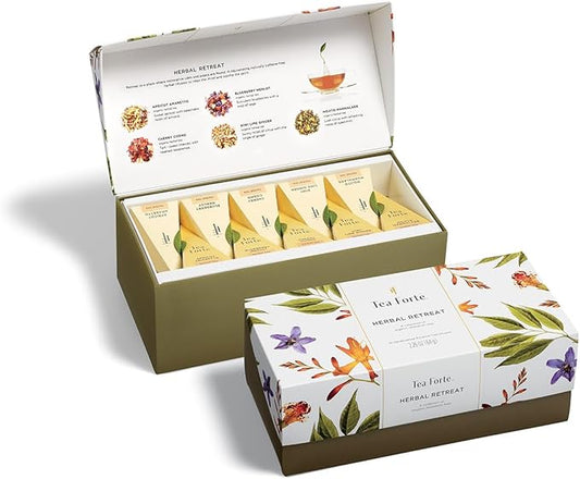 Tea Forte Herbal Retreat Premium Tea Presentation Box Tea Gift Sampler, 20 Count, 2 of Each Variety Individually Wrapped Handcrafted Pyramid Infuser Bags