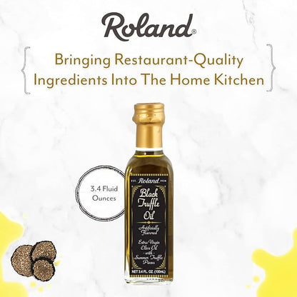 Roland Organic Black Truffle Oil Flavored Extra Virgin Olive Oil with Summer Truffle Pieces 3.38 oz bottle