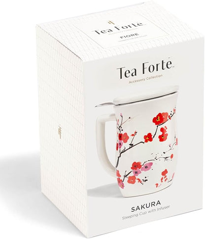 Tea Forte Ceramic Fiore Cup with Handle, Removeable Stainless Steel Infuser Basket and Lid, Steeps 14 oz Loose Leaf Tea, Dishwasher & Microwave Safe, Sakura