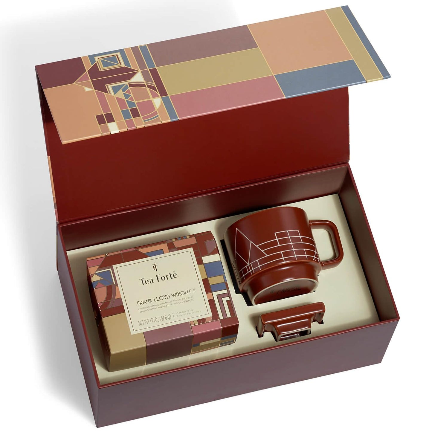 Tea Forte Frank Lloyd Wright 3-Piece Tea Gift Set with Sienna Stoneware Cup with Tea Tray and 10 Count Mini Presentation Box, 2 of Each Blend Handcrafted Pyramid Infuser Tea Bags