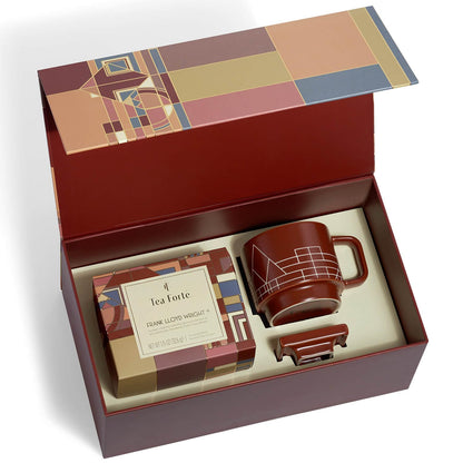 Tea Forte Frank Lloyd Wright 3-Piece Tea Gift Set with Sienna Stoneware Cup with Tea Tray and 10 Count Mini Presentation Box, 2 of Each Blend Handcrafted Pyramid Infuser Tea Bags