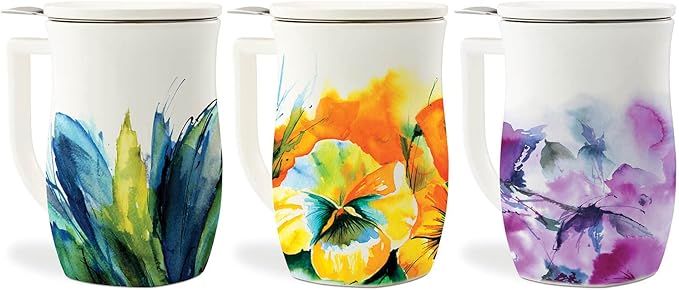 Tea Forte Ceramic Fiore Cup with Handle, Removeable Stainless Steel Infuser Basket and Lid, Steeps 14 oz Loose Leaf Tea, Dishwasher & Microwave Safe, Blue Agave