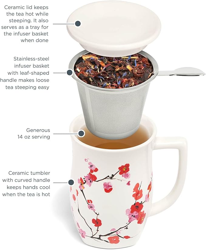 Tea Forte Ceramic Fiore Cup with Handle, Removeable Stainless Steel Infuser Basket and Lid, Steeps 14 oz Loose Leaf Tea, Dishwasher & Microwave Safe, Sakura