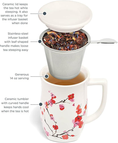 Tea Forte Ceramic Fiore Cup with Handle, Removeable Stainless Steel Infuser Basket and Lid, Steeps 14 oz Loose Leaf Tea, Dishwasher & Microwave Safe, Sakura