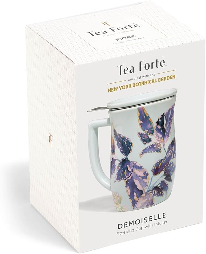 Tea Forte Ceramic Fiore Cup with Handle, Removeable Stainless Steel Infuser Basket and Lid, Steeps 14 oz Loose Leaf Tea, Dishwasher & Microwave Safe, Demoiselle