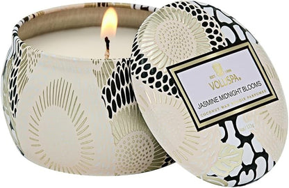 Voluspa Jasmine Midnight Blooms, Mini Tin Candle, 4 oz, 25 Hour Burn Time, Coconut Wax Candle for The Home, Handcrafted in The USA