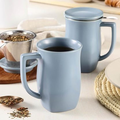 Tea Forte Ceramic Fiore Cup with Handle, Removeable Stainless Steel Infuser Basket and Lid, Steeps 14 oz Loose Leaf Tea, Dishwasher & Microwave Safe, Stone Blue