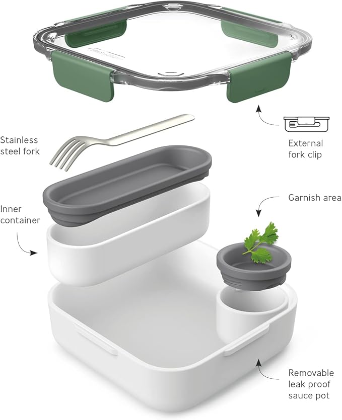 Black+Blum | BPA-Free, Leak-Proof Microwave Safe Bento Box Style Compartment Food Container, with Stainless-Steel Fork, Olive, 1000 ml/ 34f l oz