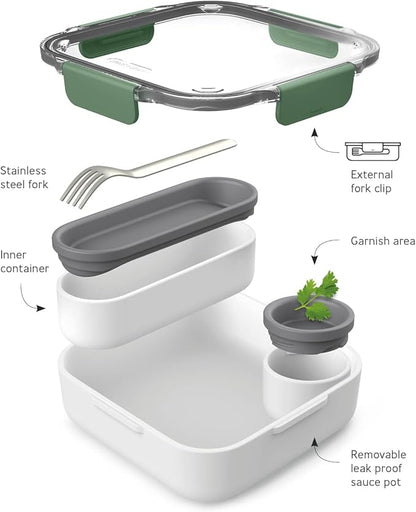 Black+Blum | BPA-Free, Leak-Proof Microwave Safe Bento Box Style Compartment Food Container, with Stainless-Steel Fork, Olive, 1000 ml/ 34f l oz