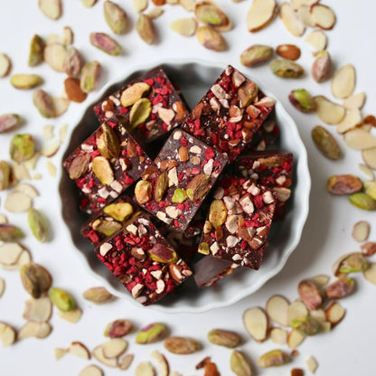 JoJo's Dark Chocolate Raspberries, Almonds, & Pistachio Bites 3.6 oz bags (Case Pack of 6)