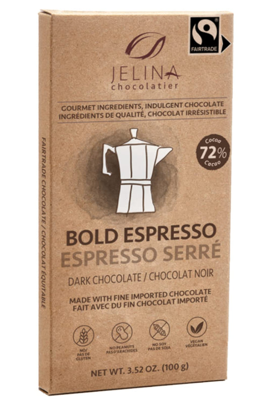Jelina Chocolatier | 8 Pack 72% Dark Chocolate Espresso Bar | Fair Trade Chocolate Bars | Imported, Non-GMO, Natural Chocolates - 3.52oz Each