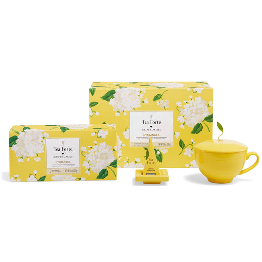 Tea Forte Gift Set with Cafe Cup, Tea Tray, Petite Presentation Box with 10 Handcrafted Pyramid Infuser Tea Bags, Hydrangea