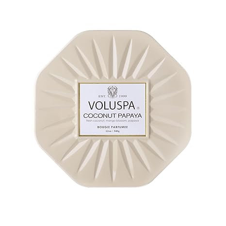 Voluspa Coconut Papaya, 3 Wick Tin Candle, 12 Ounces, 40 Hour Burn Time, Coconut Wax for Clean Burning, Handcrafted in The USA