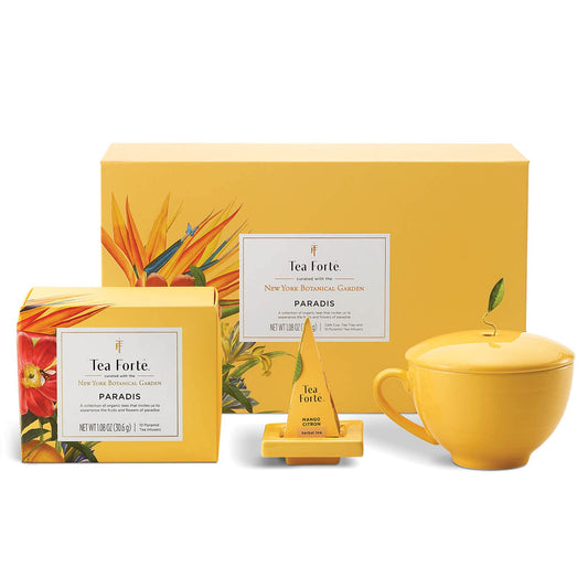 Tea Forte Paradis 3-Piece Premium Tea Gift Set with Mango Yellow Cafe Cup with Lid, Tea Tray and 10 Assorted 2 of Each Variety Organic Handcrafted Pyramid Infuser Tea Bags