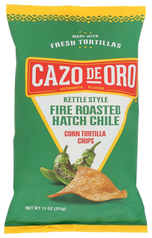 Cazo De Oro Fire Roasted Hatch Chile Corn Tortilla Chips 11oz bag (Case Pack of 9)