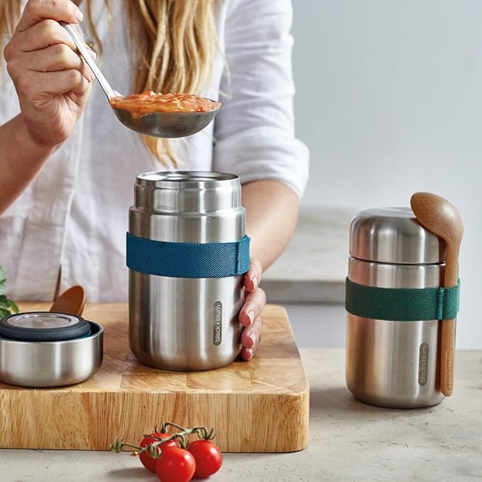 BLACK + BLUM Vacuum Food Flask Leak Proof Insulated Stainless-Steel Lunch Container with Ladle Spoon Ideal for Hot and Cold Food, 400 ml / 13.5 fl oz, Ocean