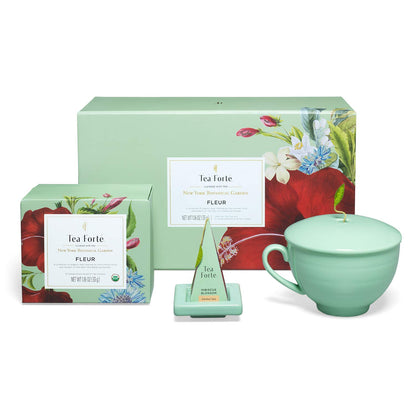 TEA FORTE Fleur Gift Set - Tea Cup, Cover, Tray, 10 Handcrafted Pyramid Teas