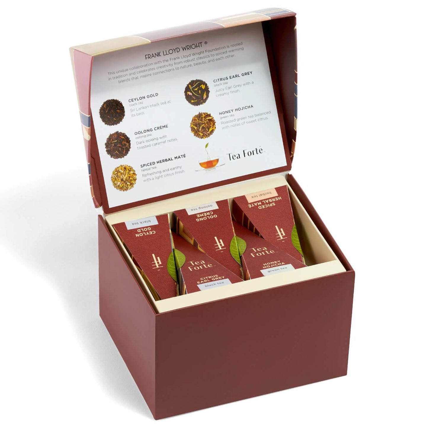 Tea Forte Frank Lloyd Wright 3-Piece Tea Gift Set with Sienna Stoneware Cup with Tea Tray and 10 Count Mini Presentation Box, 2 of Each Blend Handcrafted Pyramid Infuser Tea Bags