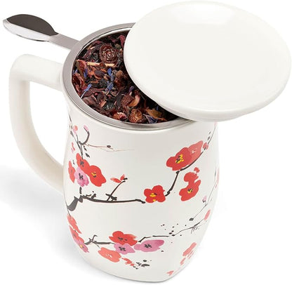 Tea Forte Ceramic Fiore Cup with Handle, Removeable Stainless Steel Infuser Basket and Lid, Steeps 14 oz Loose Leaf Tea, Dishwasher & Microwave Safe, Sakura