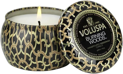 Voluspa Burning Woods Candle, Mini Tin Candle, 4 oz, 25 Hour Burn Time, Coconut Wax Candle for The Home, Handcrafted in The USA
