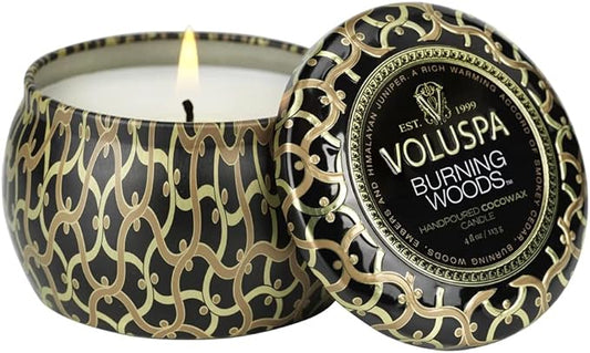 Voluspa Burning Woods Candle, Mini Tin Candle, 4 oz, 25 Hour Burn Time, Coconut Wax Candle for The Home, Handcrafted in The USA