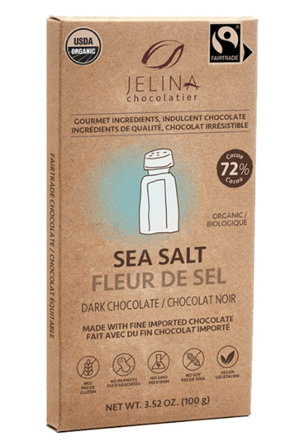 Jelina Chocolatier | 8 Pack 72% Dark Chocolate Bar with Sea Salt | Organic Cocoa, Fair Trade Chocolate | Non-GMO, Vegan Chocolates - 3.52oz Each