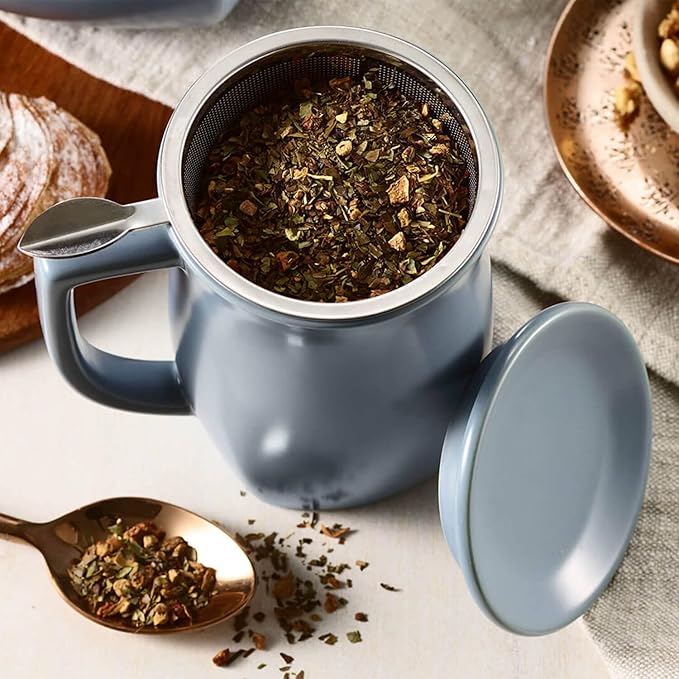 Tea Forte Ceramic Fiore Cup with Handle, Removeable Stainless Steel Infuser Basket and Lid, Steeps 14 oz Loose Leaf Tea, Dishwasher & Microwave Safe, Stone Blue