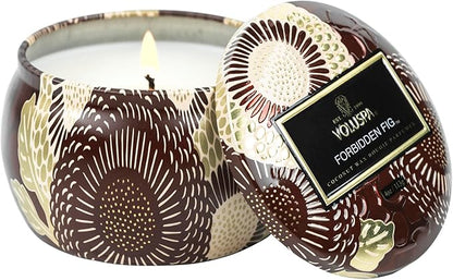 Voluspa Forbidden Fig, Mini Tin Candle, 4 oz, 25 Hour Burn Time, Coconut Wax for Clean Burning, Handcrafted in The USA