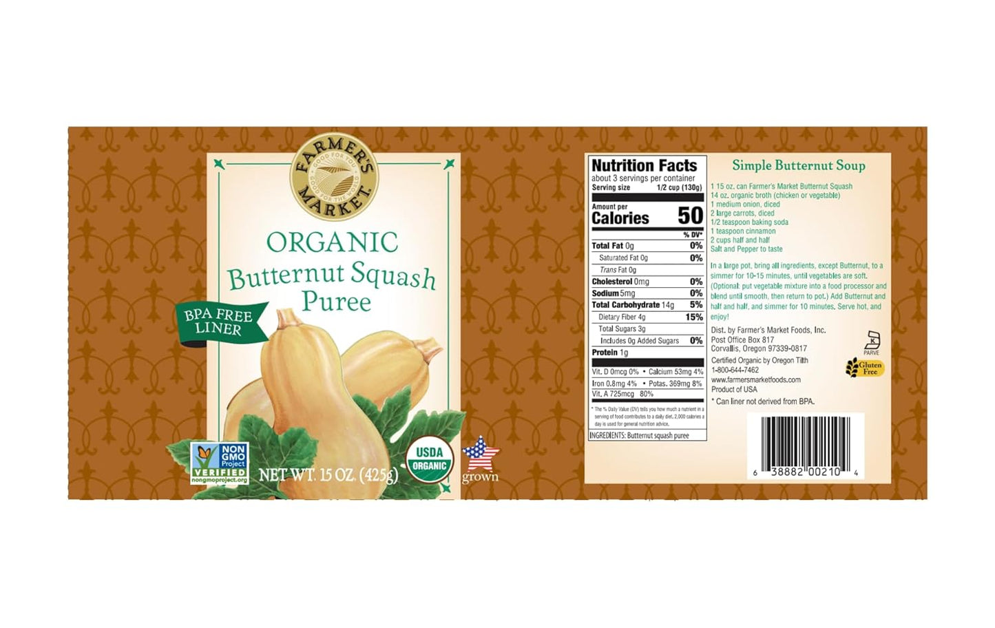 Farmers Market Organic Butternut Squash Puree 15oz Can (Case Pack of12)