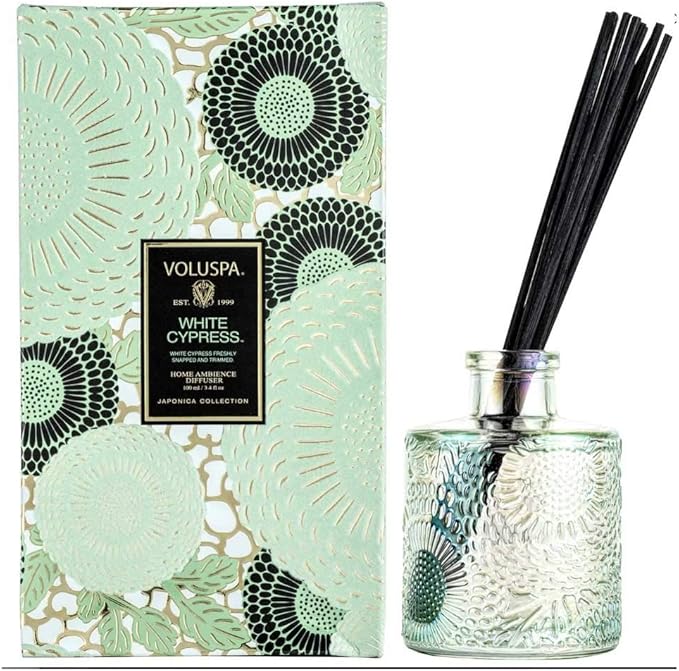 Voluspa White Cypress Reed Diffuser | 3.4 Fl. Oz. | 4-6 Month Product Life | 24/7 Fragrance Without The Flame | Vegan