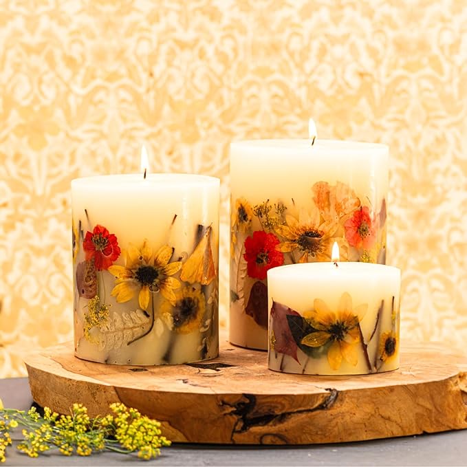 rosy rings candles honey tobacco 3.5 Inch 80 Hour Pillar Botanical Scented Candle This artisanal process ensures that the candle appeals to multiple senses by filling your space with fragrance and illuminating botanical elements.Fragrance Description Rosy Rings, Honey Tobacco Pressed