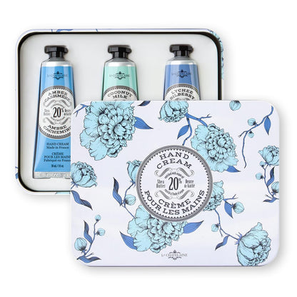 La Chatelaine Hand Cream Trio Tin Gift Set | Mother's Day | Ready-To-Gift Decorative Tin | Plant-Based | Made in France with 20% Organic Shea Butter (Amber Cashmere, Coconut Milk, Lychee Bil
