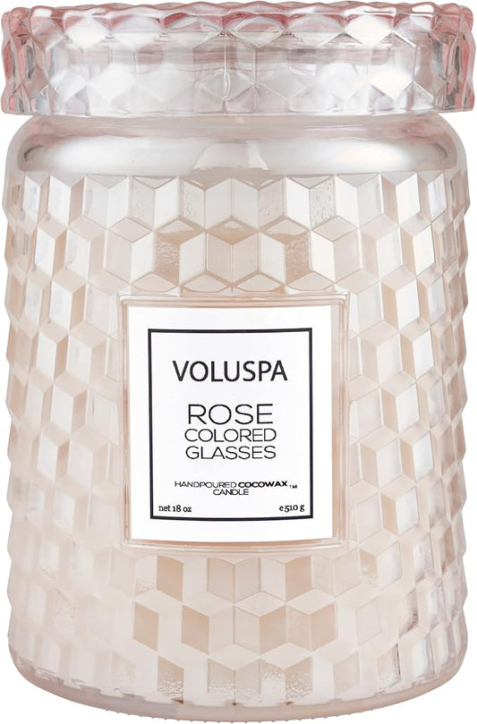 Voluspa Rose Colored Glasses, Large Candle Jar, 18 Ounce, 100 Hour Burn Time, Coconut Wax for Clean Burning, Handcrafted in The USA