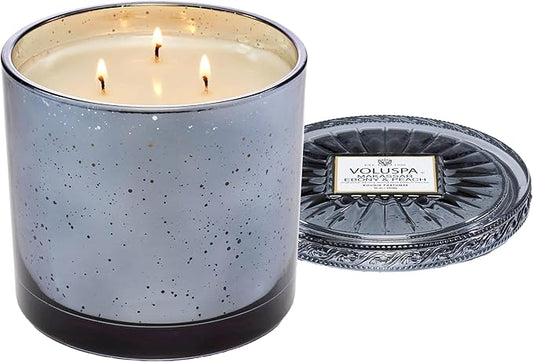 Voluspa Makassar Ebony & Peach, Grande Maison 3 Wick Glass Candle, 36 oz, 100 Hour Burn Time, Coconut Wax for Clean Burning, Handcrafted in The USA