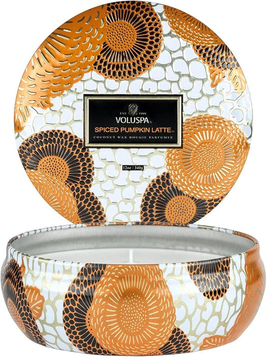 Voluspa Spiced Pumpkin Latte, 3 Wick Tin Candle, 12 Ounce, 40 Hour Burn Time, Coconut Wax for Clean Burning, Handcrafted in The USA