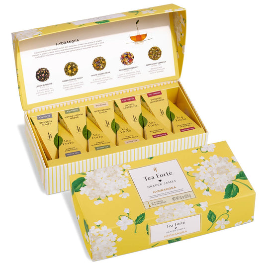 Tea Forte Premium Petite Presentation Box Gift Set Sampler, 10 Count, 2 of Each Blend Individually Wrapped Handcrafted Pyramid Infuser Bags, Hydrangea
