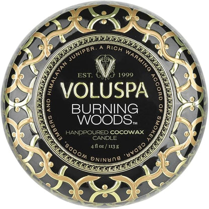 Voluspa Burning Woods Candle, Mini Tin Candle, 4 oz, 25 Hour Burn Time, Coconut Wax Candle for The Home, Handcrafted in The USA