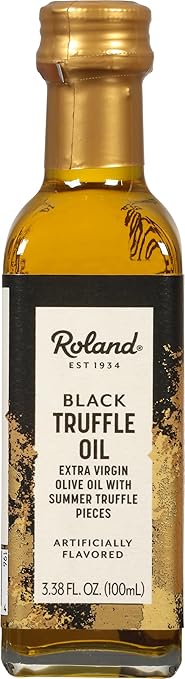 Roland Organic Black Truffle Oil Flavored Extra Virgin Olive Oil with Summer Truffle Pieces 3.38 oz bottle