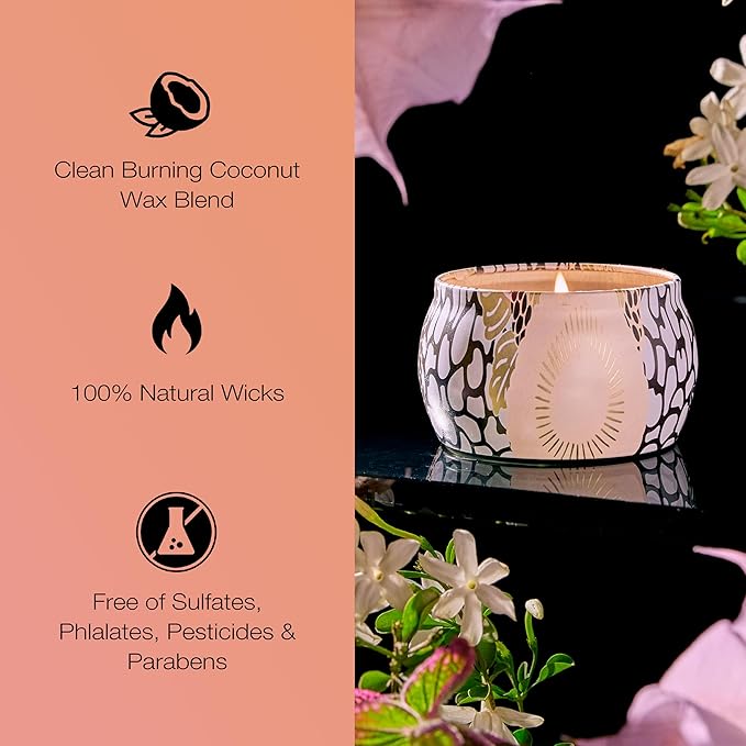 Voluspa Jasmine Midnight Blooms, Mini Tin Candle, 4 oz, 25 Hour Burn Time, Coconut Wax Candle for The Home, Handcrafted in The USA