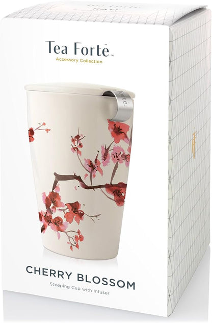 Tea Forte Cherry Blossom Double-Walled Ceramic Kati Cup with Removable Stainless Steel Infuser Basket and Lid, Steeps 12 oz Loose Leaf Tea, Lid and Cup Dishwasher & Microwave Safe