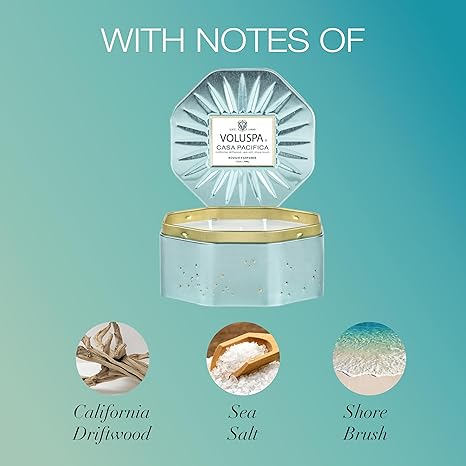 Voluspa Casa Pacifica, 3 Wick Tin Candle, 12 Ounces, 40 Hour Burn Time, Coconut Wax for Clean Burning, Handcrafted in The USA