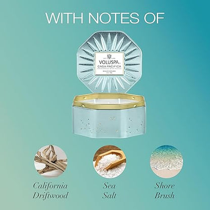 Voluspa Casa Pacifica, 3 Wick Tin Candle, 12 Ounces, 40 Hour Burn Time, Coconut Wax for Clean Burning, Handcrafted in The USA