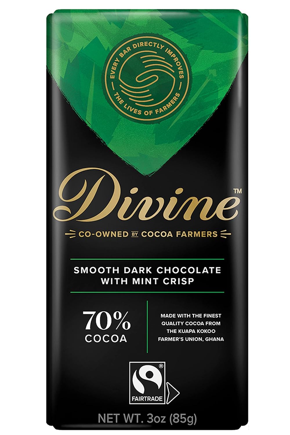 DIVINE CHOCOLATE Chocolate, 70% Dark Chocolate with Mint Crisp, 3 Oz pack of 12